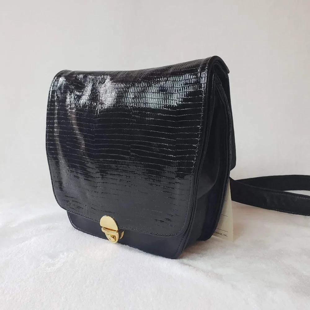 VINTAGE Atalla Handbags Leather Saddlebag Press Lock Deadstock Black Gold - Picture 2 of 12